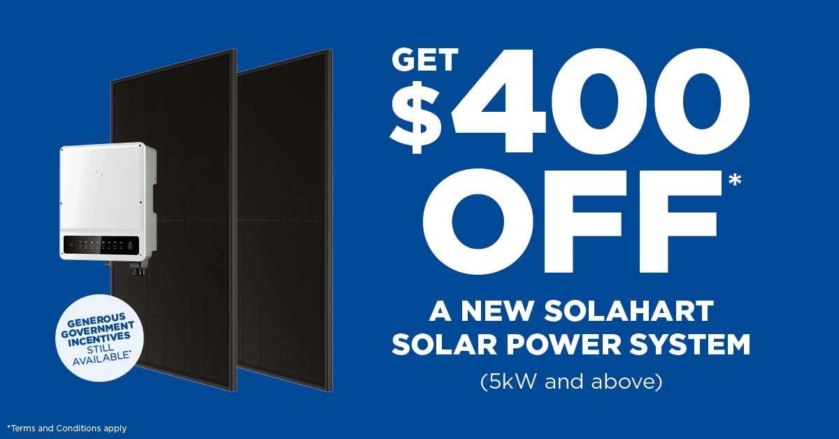 Get $400 off a Solahart solar power system and 72 interest free until 30 June 2024